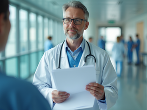 nurse practitioner with white lab coat reviewing patient chart