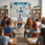 Classroom with a male teacher sitting at a desk, students facing him. Wall displays educational graphics, text "SHOLAS'IIM" above.