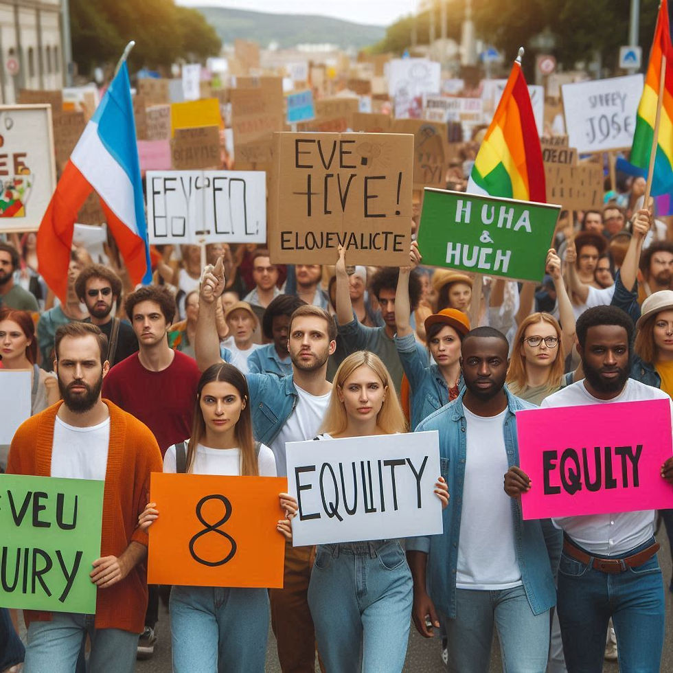 A diverse group marches, holding colorful signs and flags with messages of equality. The mood is determined and the setting is a city street.