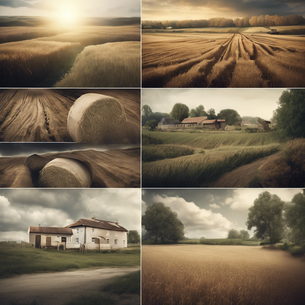 Sunlit fields of golden wheat, hay bales, and a rustic farmhouse under cloudy skies create a peaceful rural landscape.