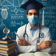 A masked graduate in a lab coat with a stethoscope holds a pen. Books and a chalkboard with equations and "MASTERS" text in the background.