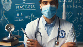A masked graduate in a lab coat with a stethoscope holds a pen. Books and a chalkboard with equations and "MASTERS" text in the background.