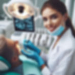 Dentist in white coat and mask examines a patient under a dental light. X-ray images display on a screen. Bright, modern clinic setting.
