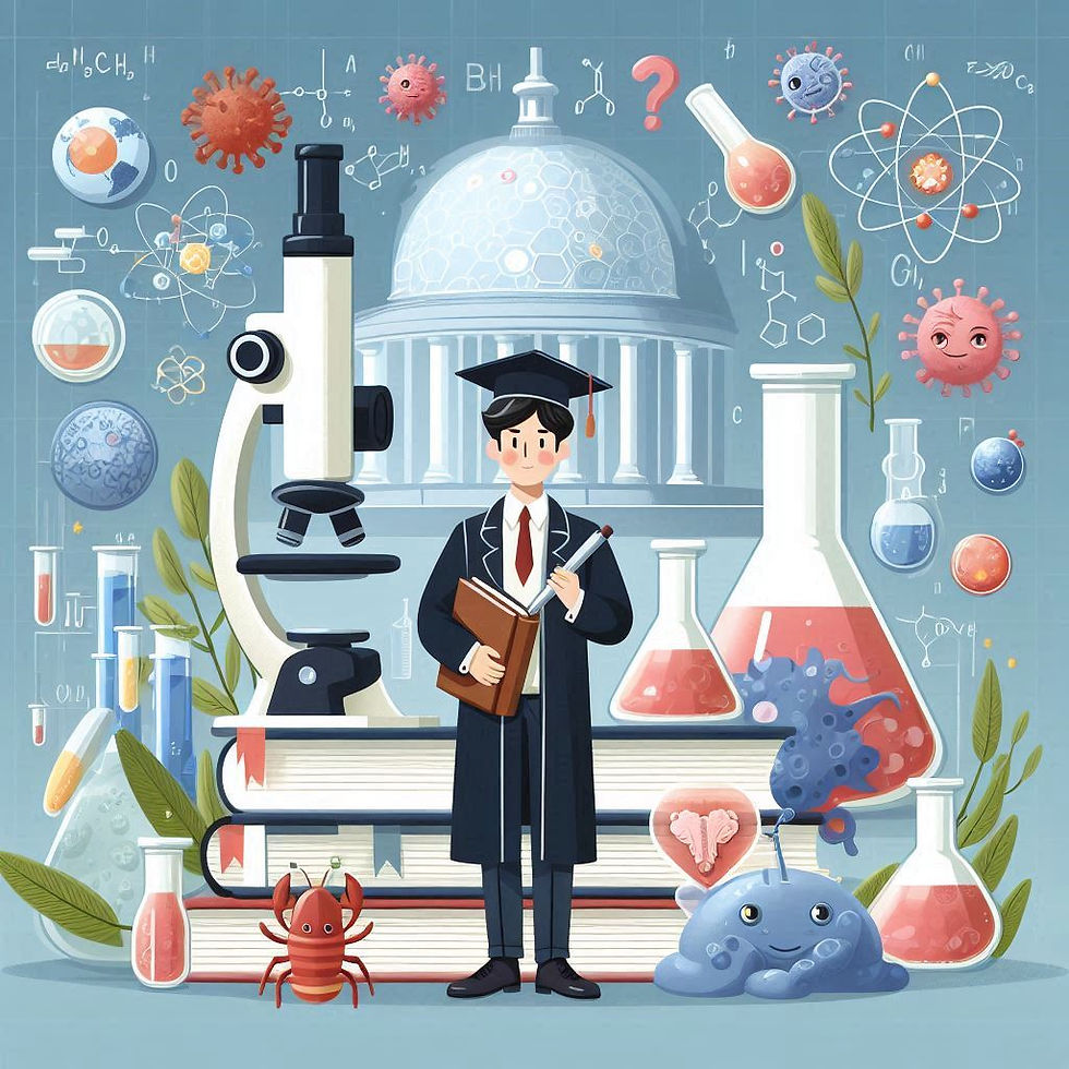 A graduate holds a book and pencil near a large microscope, flasks, and science symbols. Background features a dome and chemical diagrams.