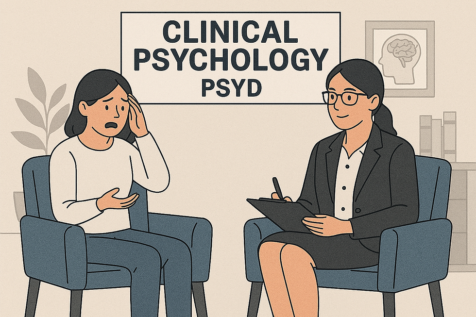 Two women in a therapist's office: one appears upset, the other listens, taking notes. Sign reads "CLINICAL PSYCHOLOGY PSYD."