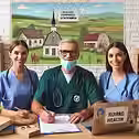 Three healthcare professionals, two women in blue and a man in green, smile at a desk. A farm scene is on the wall. Text: "Ruirrg Health."