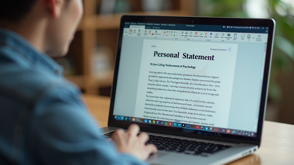 Close-up view of a laptop screen showing a personal statement draft