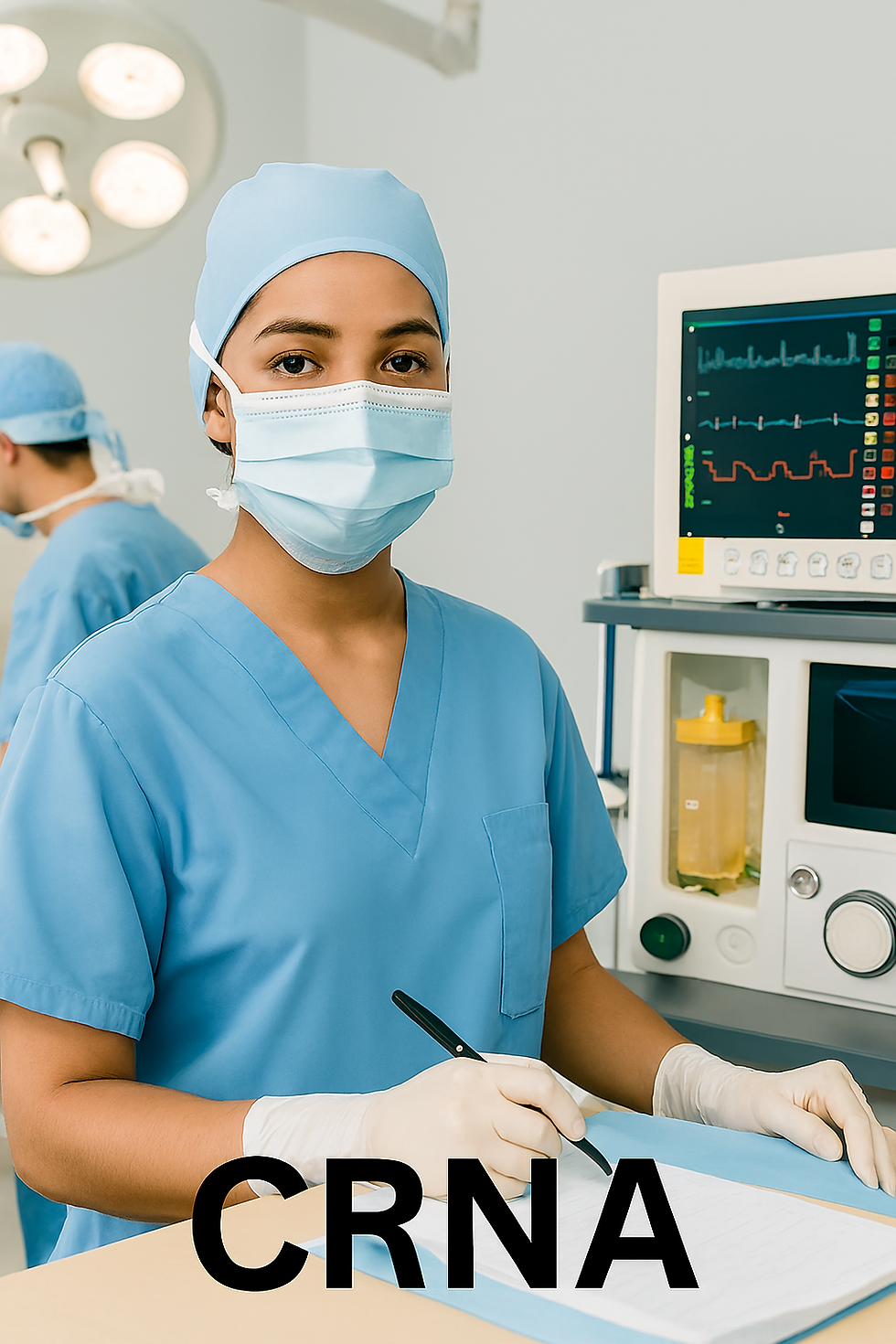 Nurse in blue scrubs and mask writing on a clipboard in an operating room, with a monitor behind. "CRNA" text visible. Calm, focused mood.