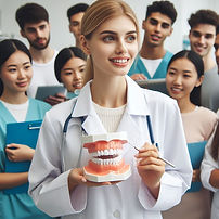 Smiling dentist in white coat holds dental model, surrounded by attentive students in scrubs with clipboards, in a bright classroom.