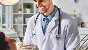 Dentist in white coat smiling, examining patient's mouth in a bright clinic. Dental equipment visible; a clock on the wall shows time.