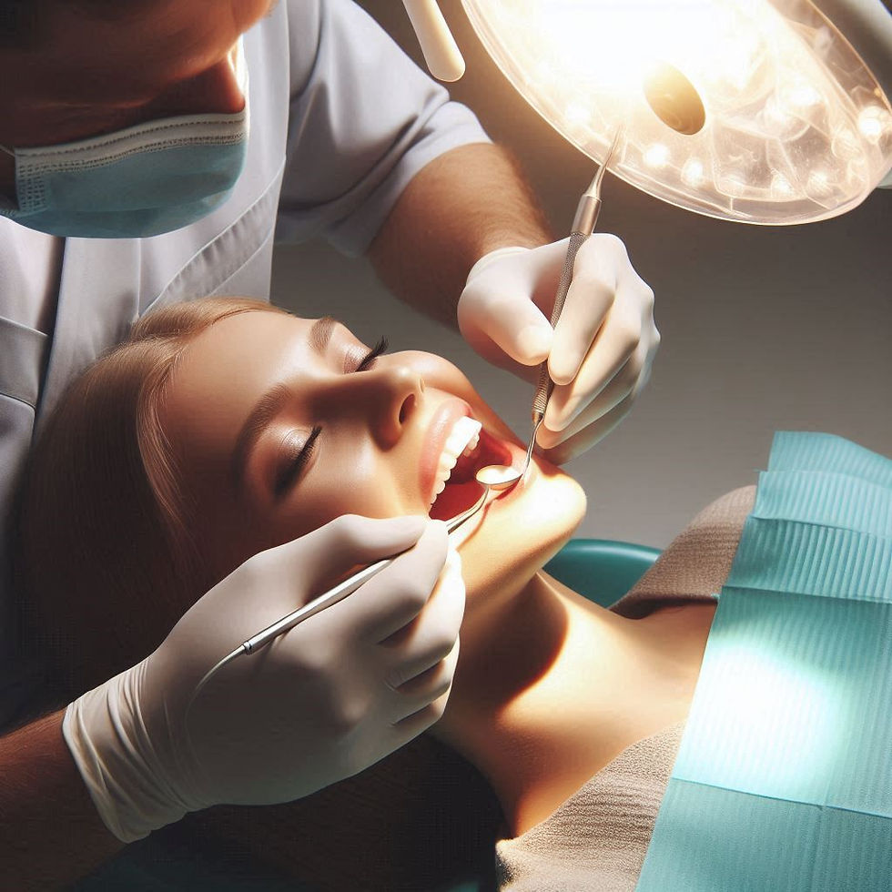 A dentist examines a smiling patient under a bright light. The patient is in a dental chair, wearing a blue bib. Mood is calm and professional.
