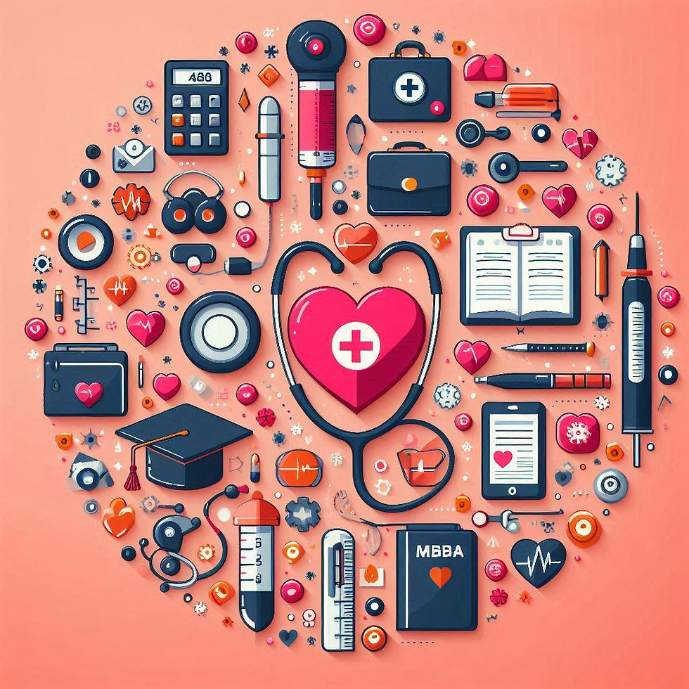 Medical-themed illustration with stethoscope, heart, syringe, books, and medical symbols on a pink background. Mood is educational and professional.