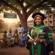 Graduate in cap and gown smiles holding diploma, book in hand. Group chats under tree with a "Doctorate Education" sign. Sunny campus.
