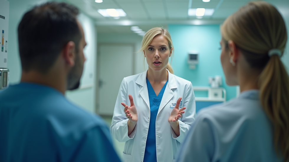 Eye-level view of a nurse speaking confidently to a small team in a hospital room