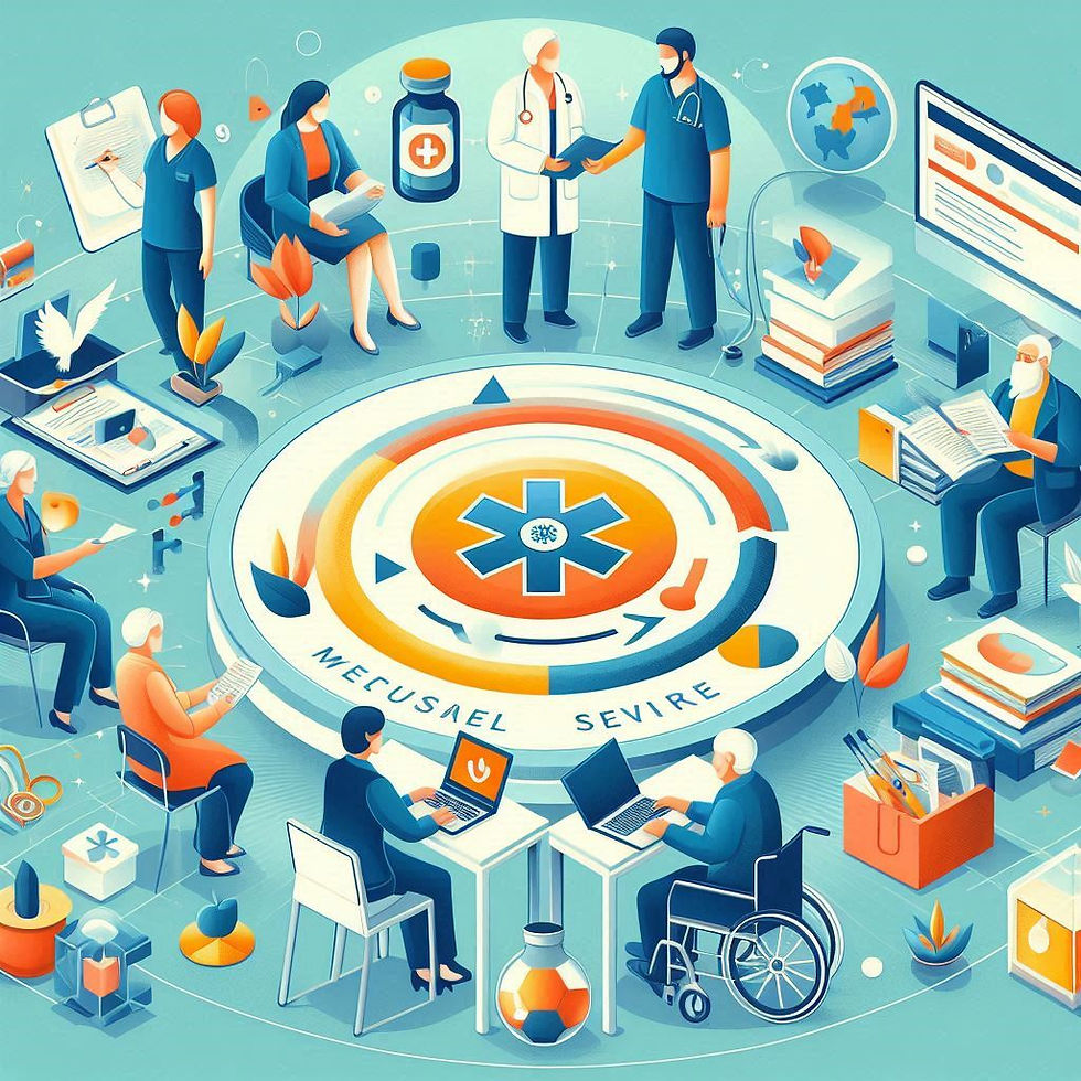People and doctors collaborate around a circular medical emblem. A vibrant blue and orange theme with computers and documents.