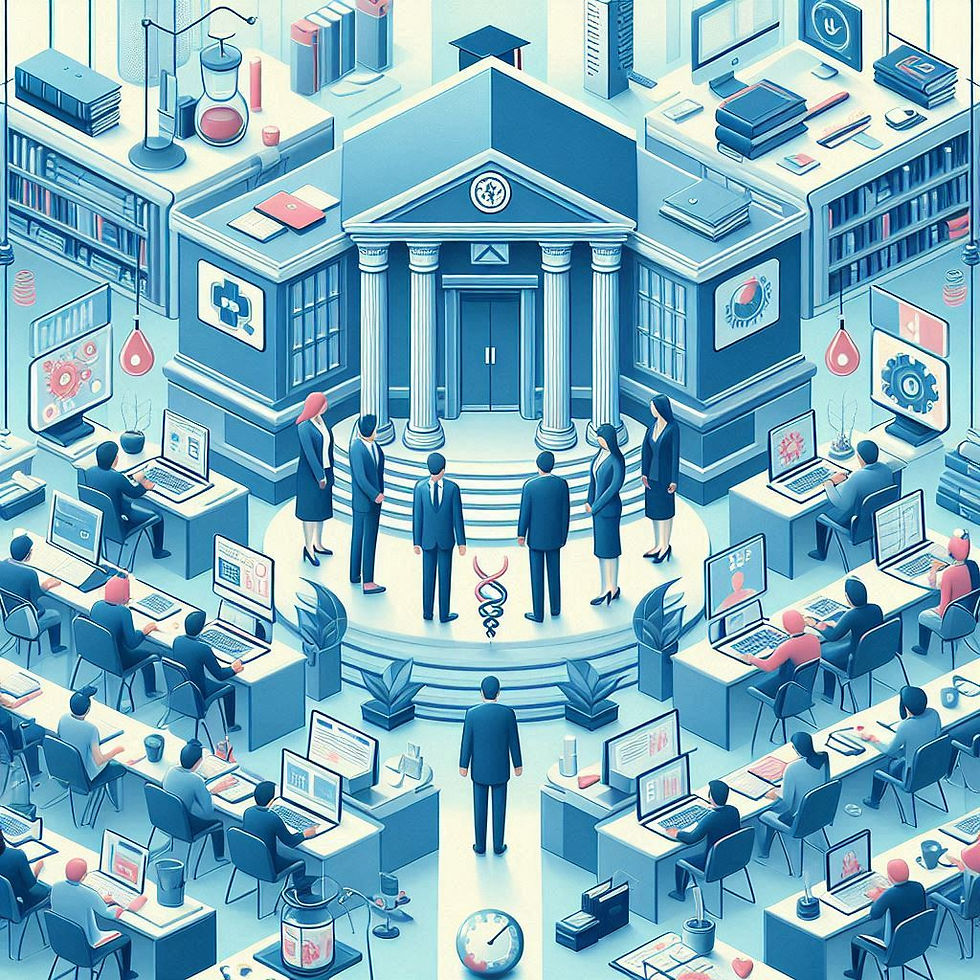 People in suits gather at a courthouse in a digital-themed office. Computers display data, creating a tech-meets-law atmosphere.