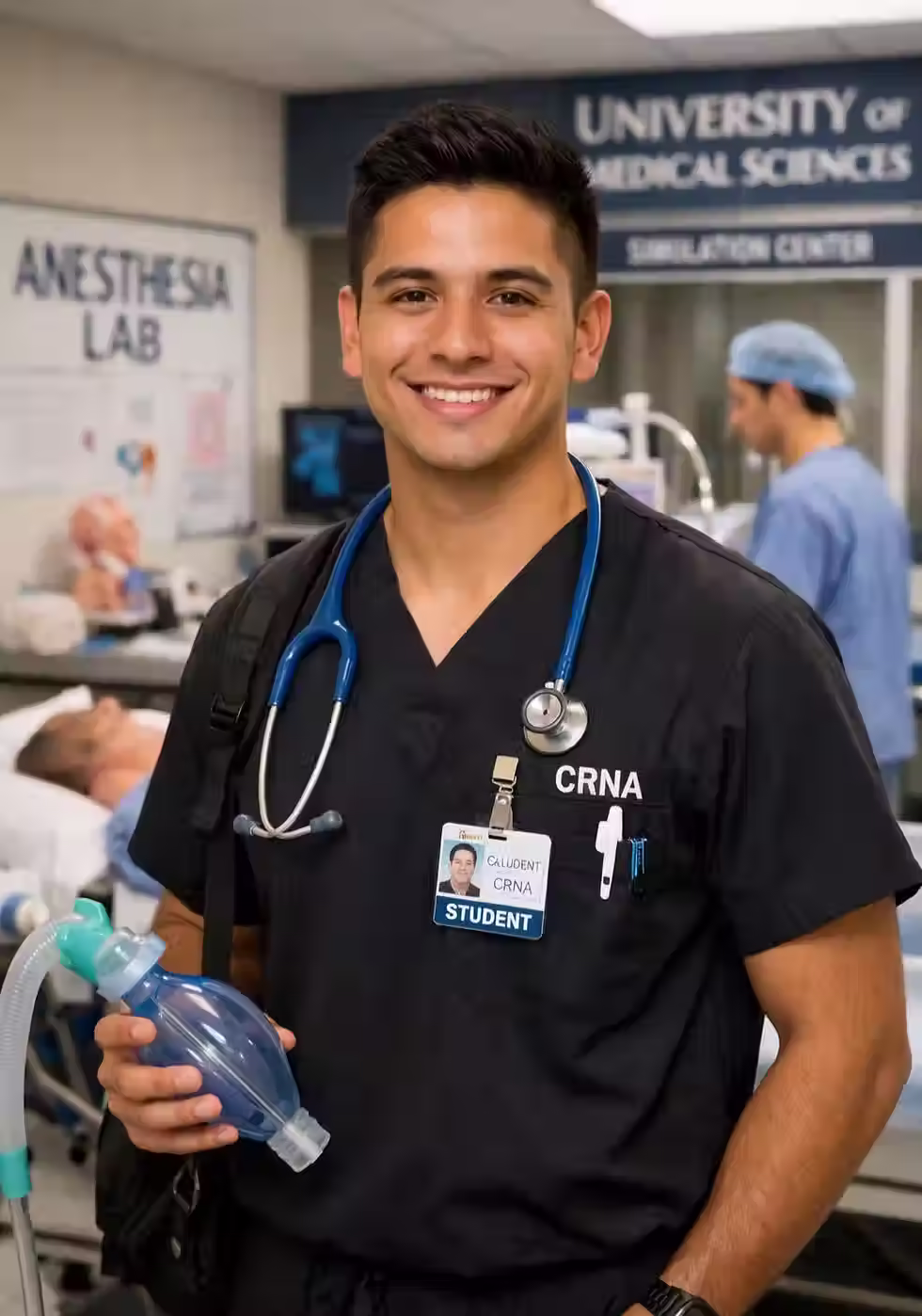 Smiling healthcare professional in scrubs with stethoscope, standing in a hospital room with medical equipment and surgery lights.
