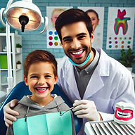 Smiling dentist and child in a dental office. Dentist holds a tool; child wears a bib. Bright colors and dental posters in the background.