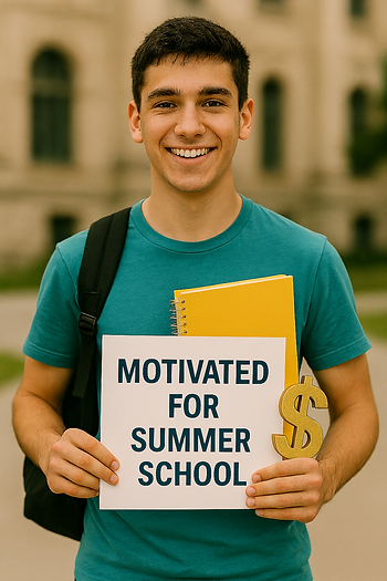 Smiling person in teal shirt holds a sign reading "MOTIVATED FOR SUMMER SCHOOL" with a golden dollar sign. Background is a blurred building.
