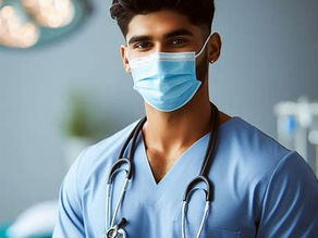 Male doctor in blue scrubs and mask, with stethoscope, stands in a hospital room. Bright surgical lights in the blurred background.