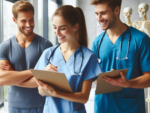 Three smiling medical professionals in blue scrubs hold clipboards in a bright room. A skeleton model is visible in the background.