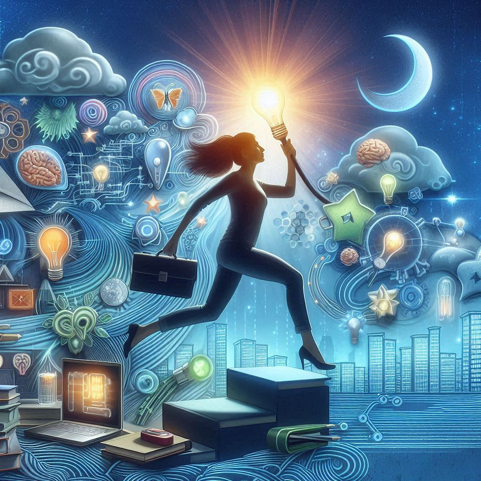 Silhouette of a woman holding a glowing light bulb, jumping with a briefcase. Surreal blue background with clouds, stars, and cityscape.