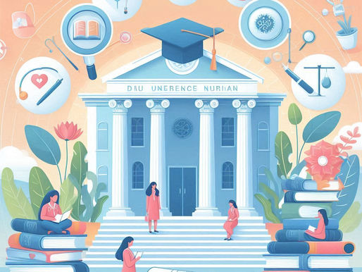 Students reading on the steps of a large building with columns, surrounded by floating educational icons. Soft pastel colors create a calm mood.