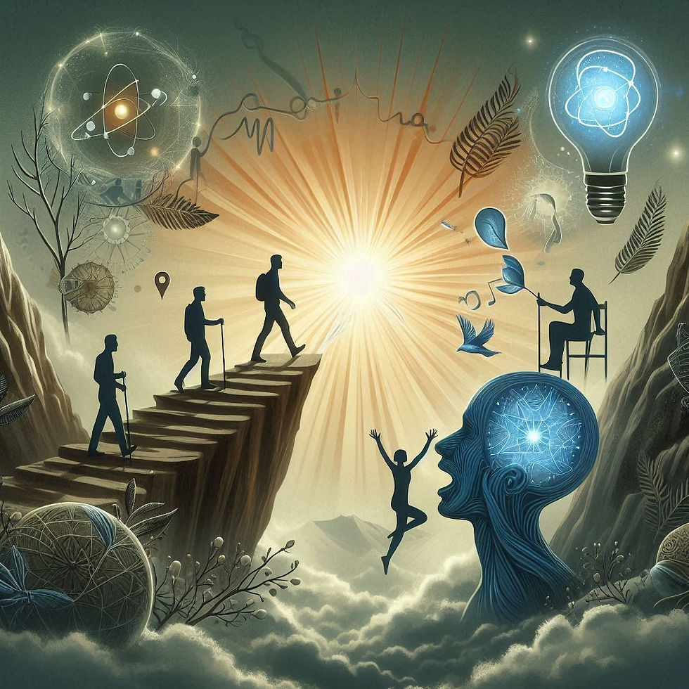 Silhouettes hike up stairs toward a bright light in a surreal landscape, with brains, light bulbs, and cosmic elements. Dreamlike mood.