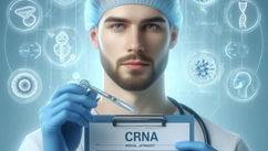 Medical professional with a beard, wearing blue scrubs, holds a pipette and clipboard labeled CRNA. Futuristic science graphics behind