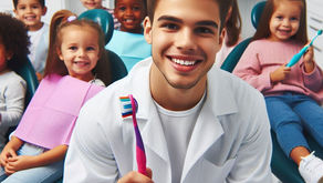 Smiling dentist holds a colorful toothbrush, surrounded by happy children in a dental office. Kids sit in chairs with dental bibs, lively mood.