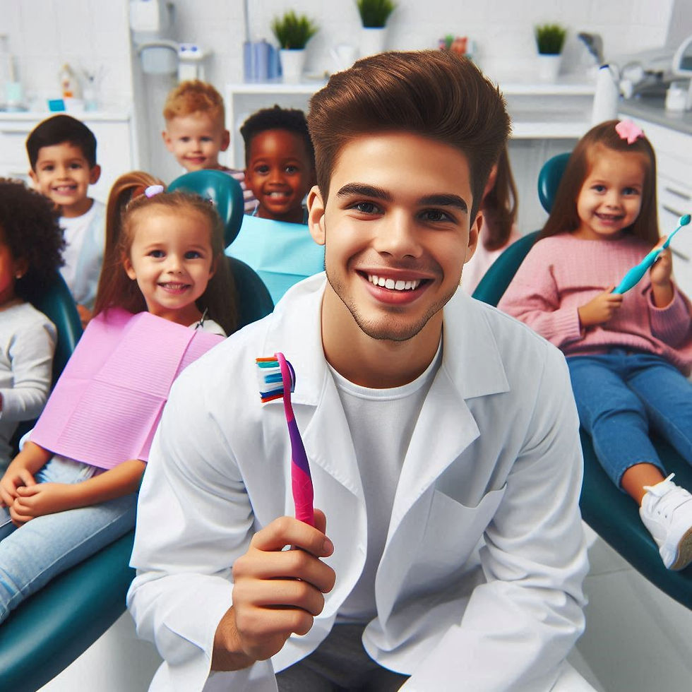 Smiling dentist holds a colorful toothbrush, surrounded by happy children in a dental office. Kids sit in chairs with dental bibs, lively mood.