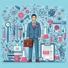 A medicinal chemistry professional in suit and tie with brief case surrounded by medical symbols