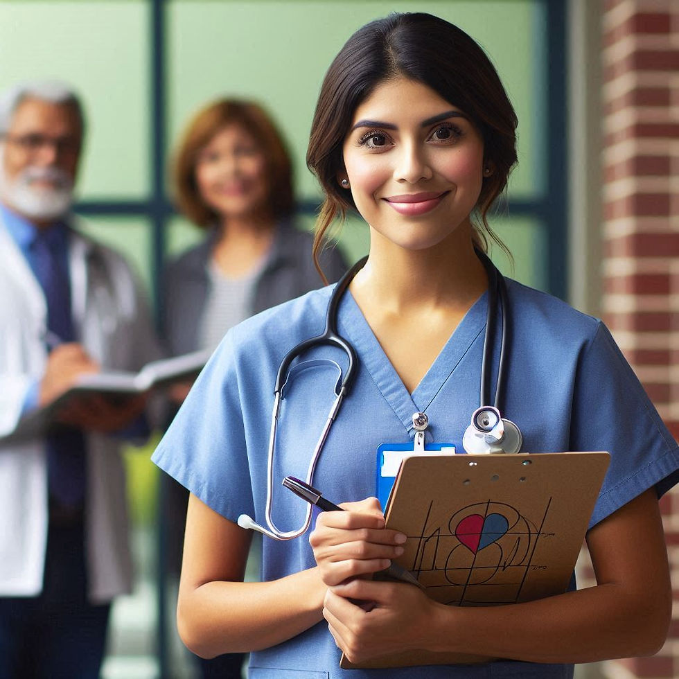 Smiling nurse in blue scrubs holds a clipboard with a heart design. Two blurred people in the background. Bright setting, professional mood.