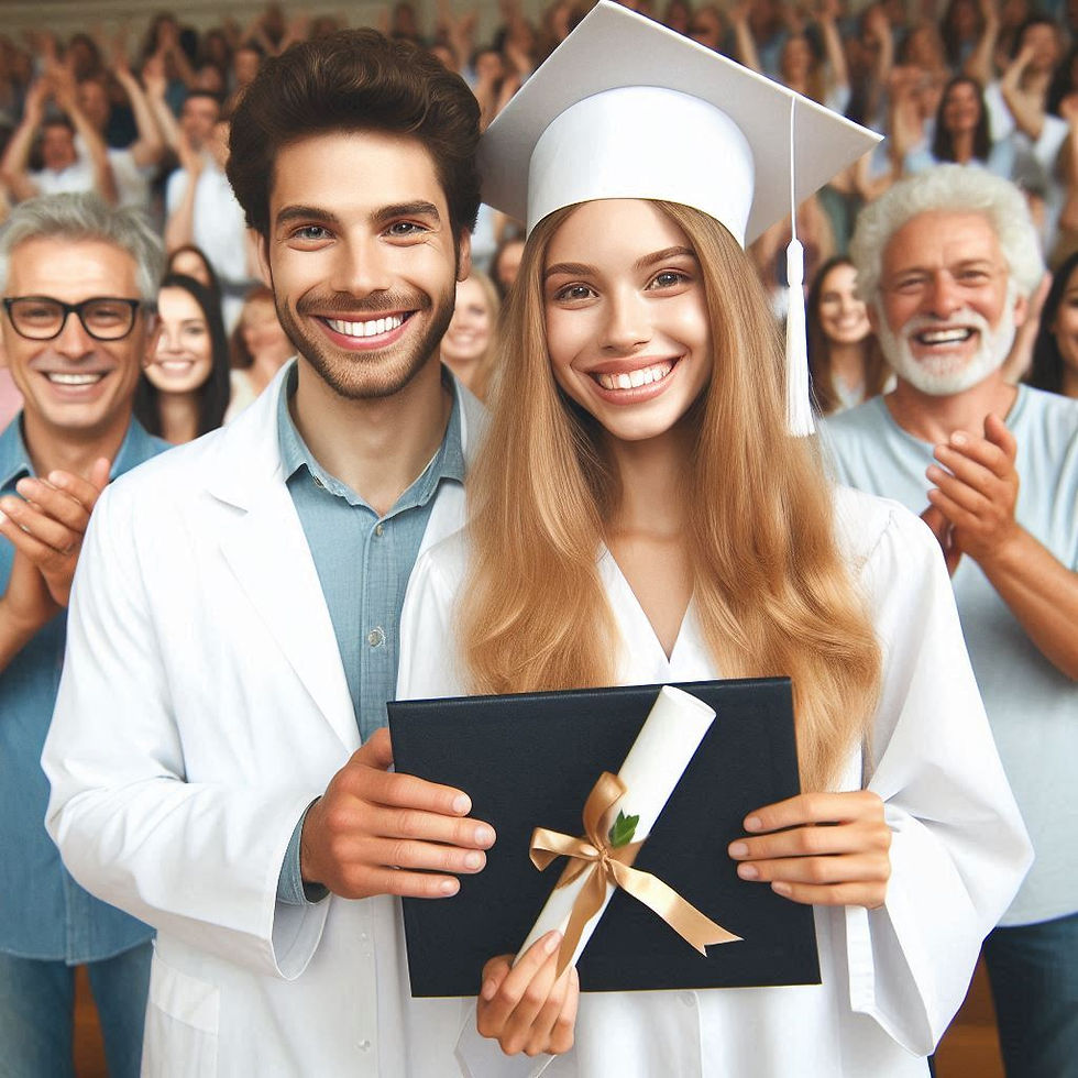 Smiling graduate in cap and gown holds diploma; man beside her in white coat. Audience claps in background. Joyful celebration.