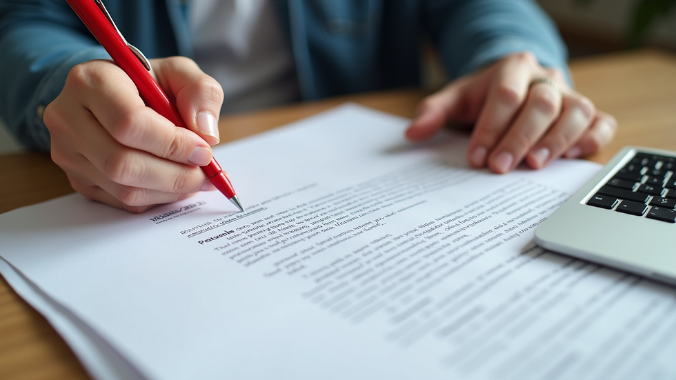 Eye-level view of a desk with a printed personal statement and red pen for editing