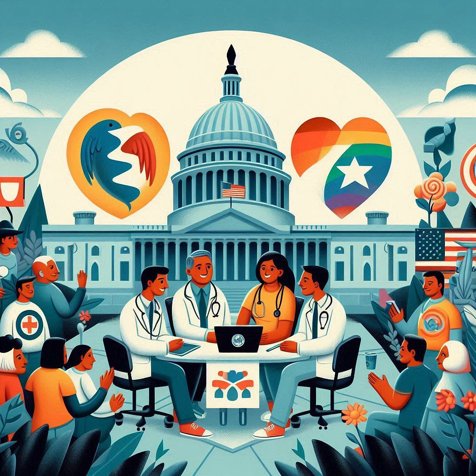 Doctors sit at a table with a laptop in front of the U.S. Capitol. Colorful heart symbols surround them. Diverse crowd watches.