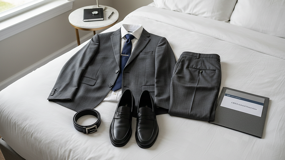 Close-up view of a professional outfit laid out on a bed for an interview