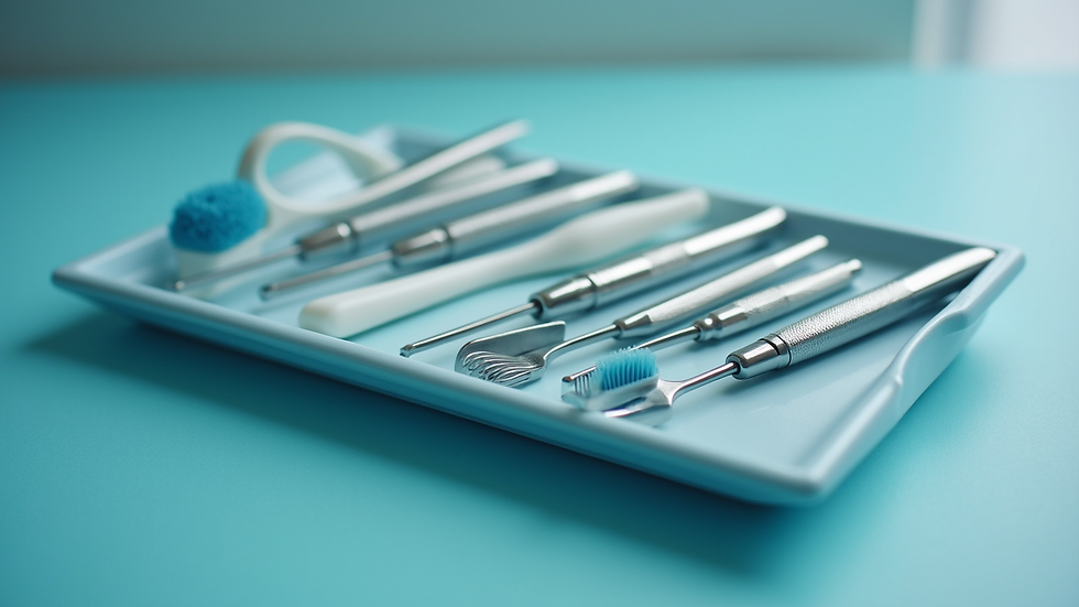 Close-up view of dental hygiene tools arranged neatly on a clinical tray