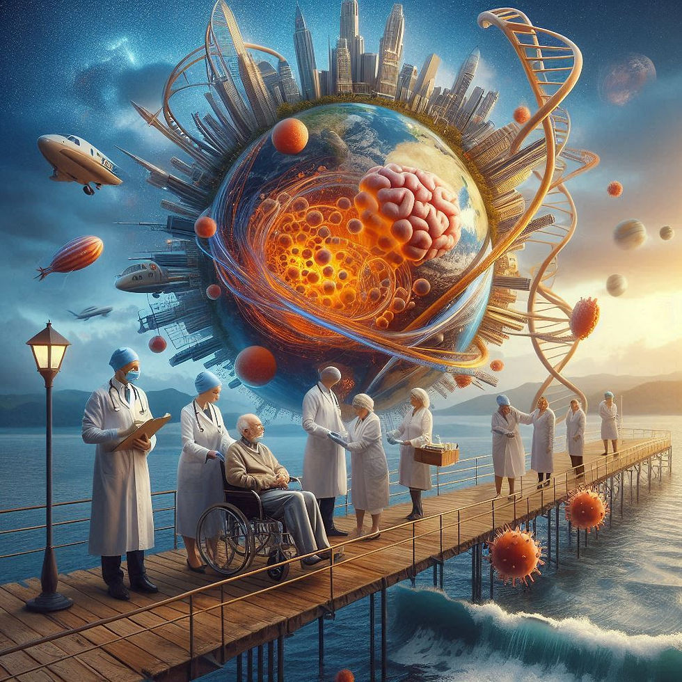 Doctors on a pier attend to an elderly man in a wheelchair. A surreal globe with a brain, cityscape, and DNA helix looms in the sky.