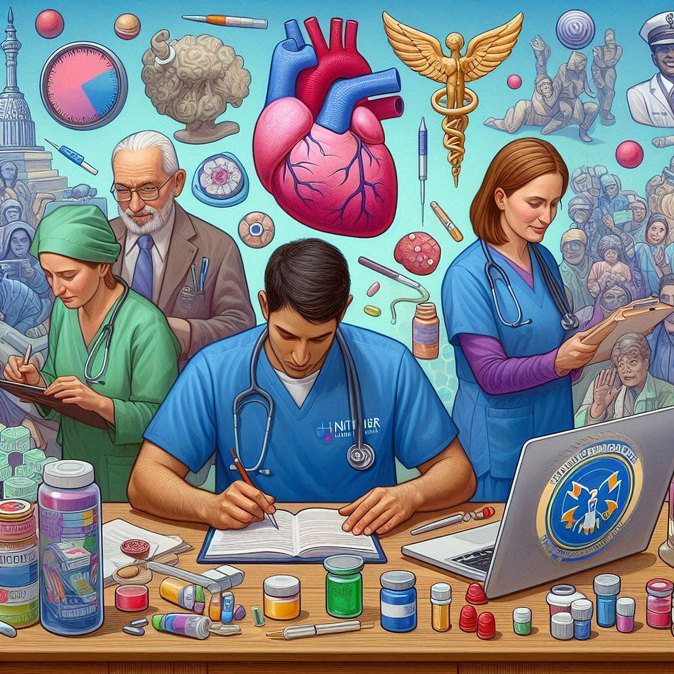 Medical professionals in blue scrubs writing, surrounded by medical symbols, pills, and books. Background shows healthcare imagery.