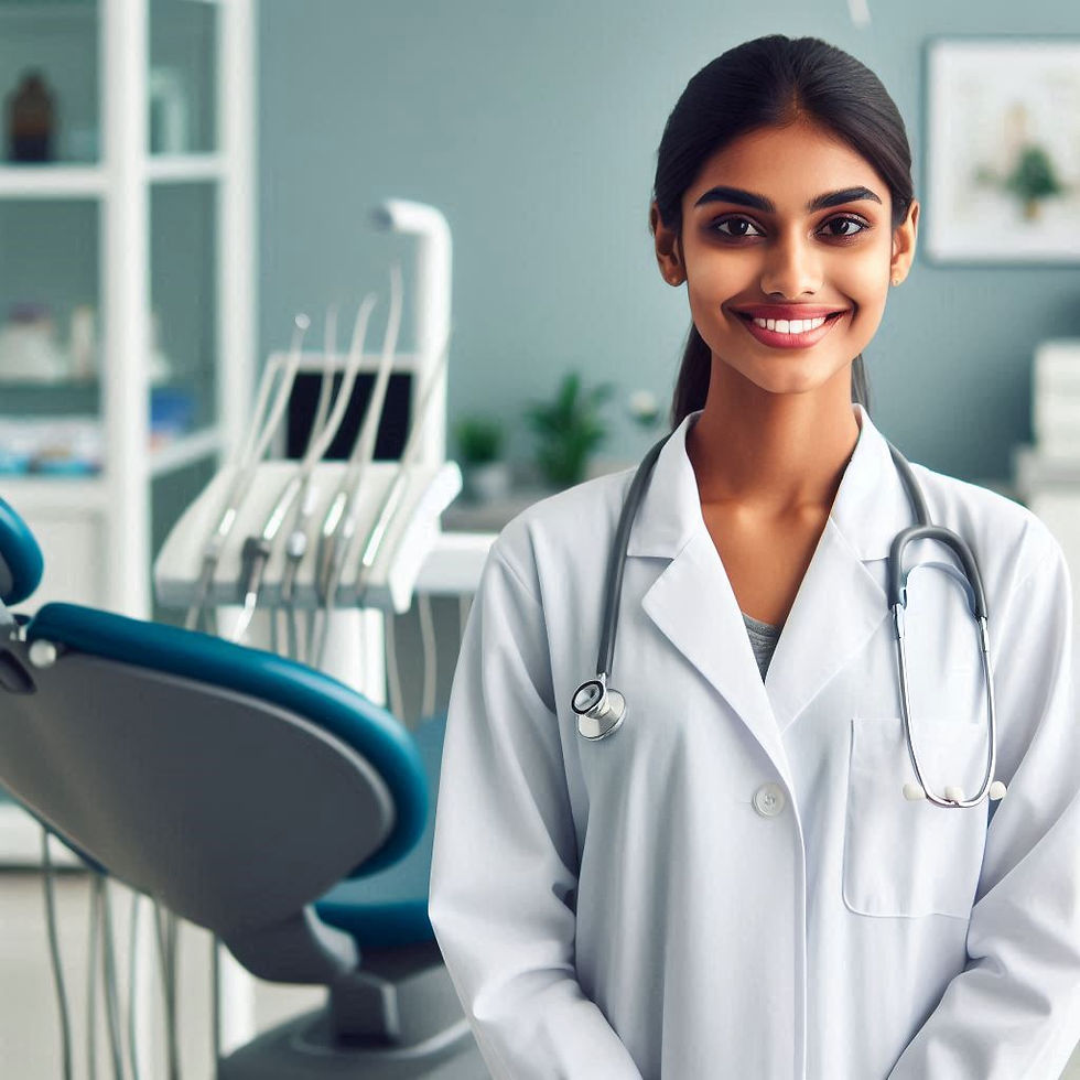 Smiling female dentist in a white coat with a stethoscope, standing in a modern dental office with a dental chair and equipment.