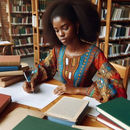 young woman from Africa dressed in traditional colors studies toward the MA Degree in Political Science in the library