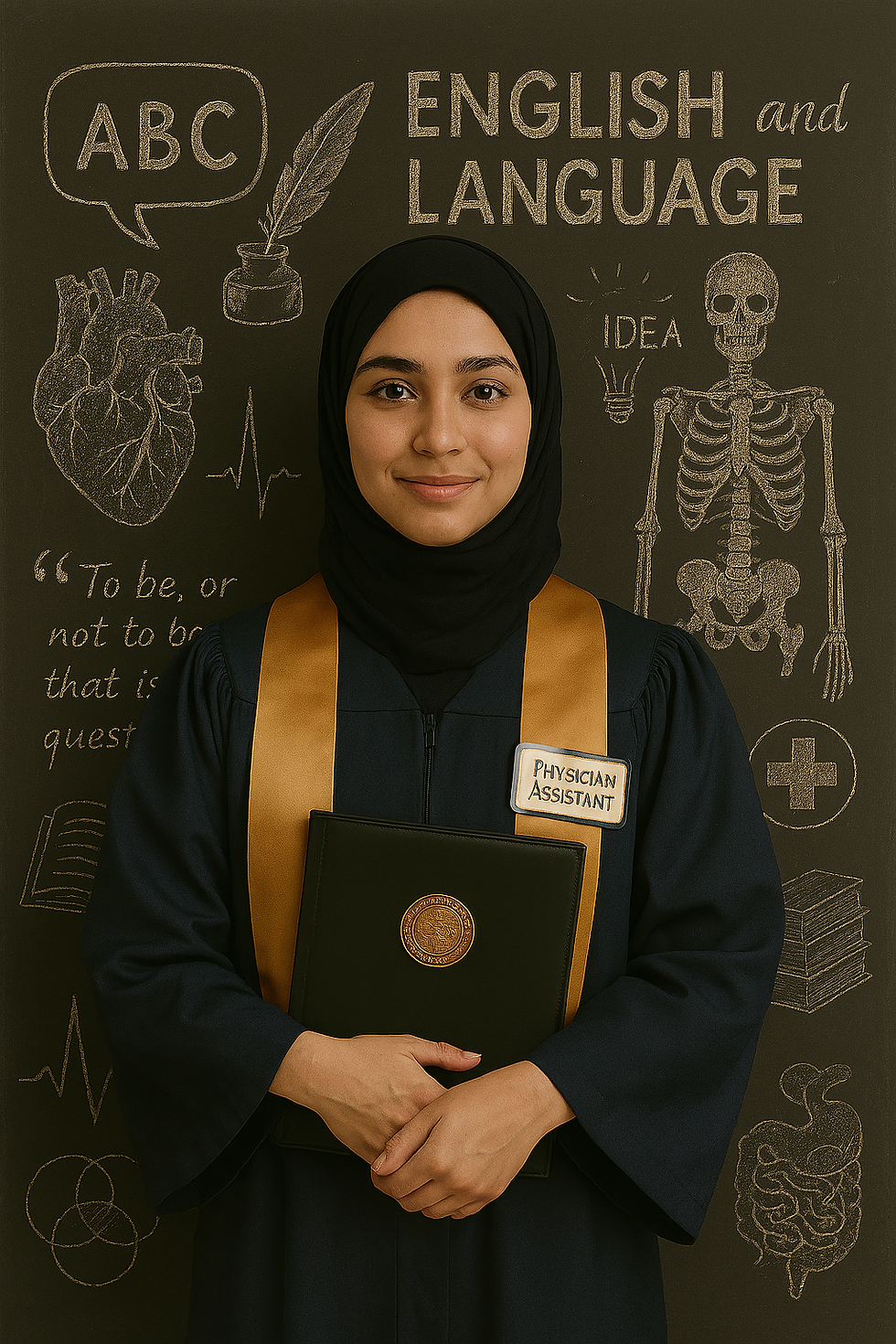 Smiling woman in graduation attire holds a diploma. Chalkboard background displays educational symbols and "English and Language" text.
