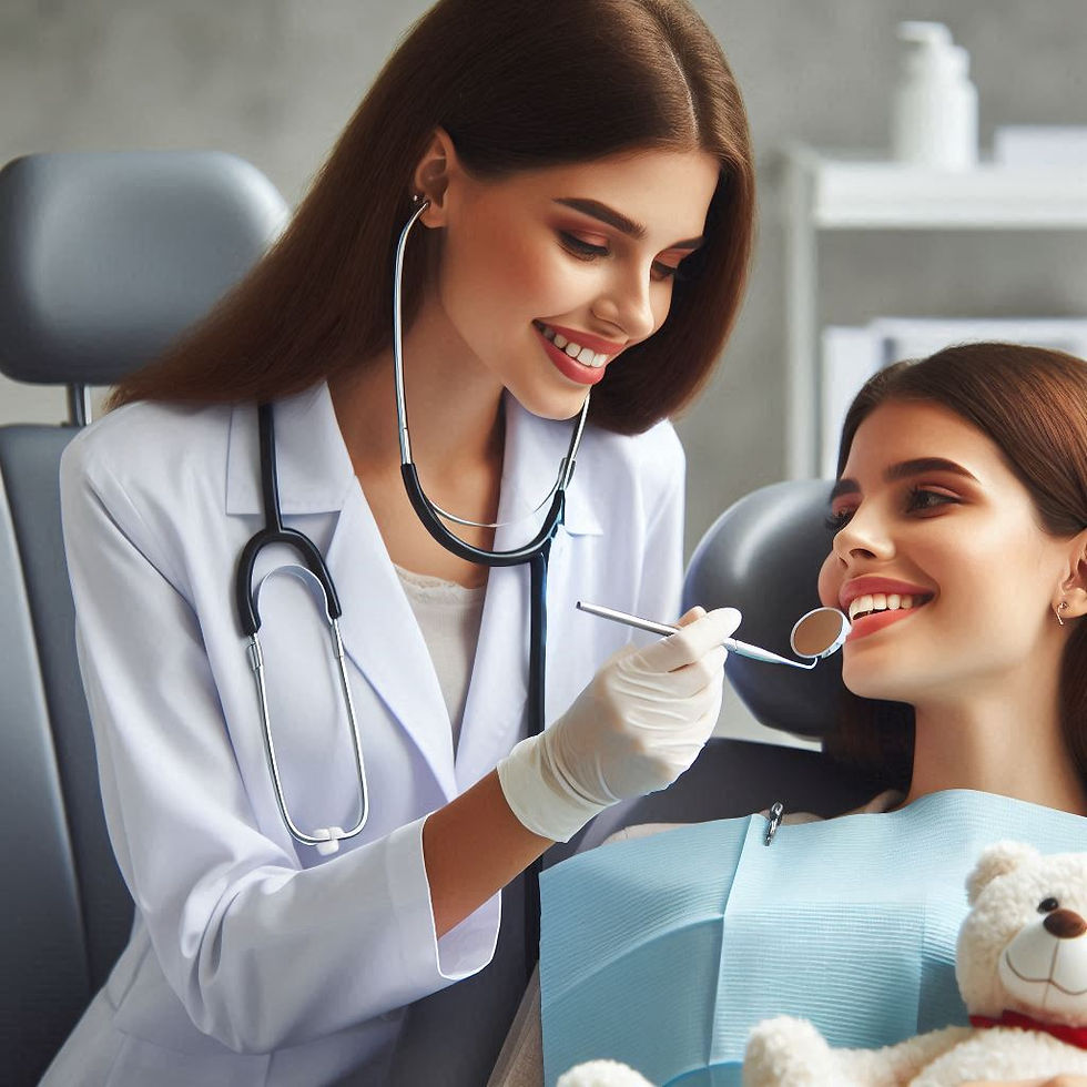 Dentist in white coat examines a smiling woman with dental tools. Seen in a dental office with neutral tones and a teddy bear nearby.