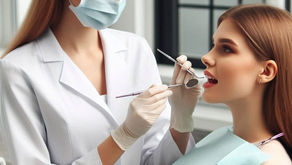 Dentist in white coat and mask examines patient in modern clinic. Patient wears a blue bib. Bright overhead light. Calm, clinical setting.