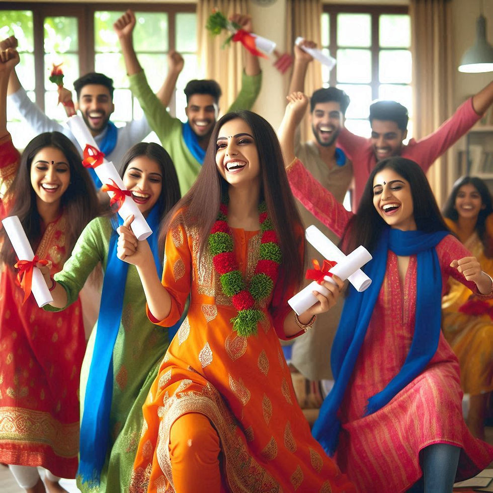 Group of joyful people in colorful traditional attire celebrating indoors, holding diplomas with red ribbons, exuding excitement and happiness.