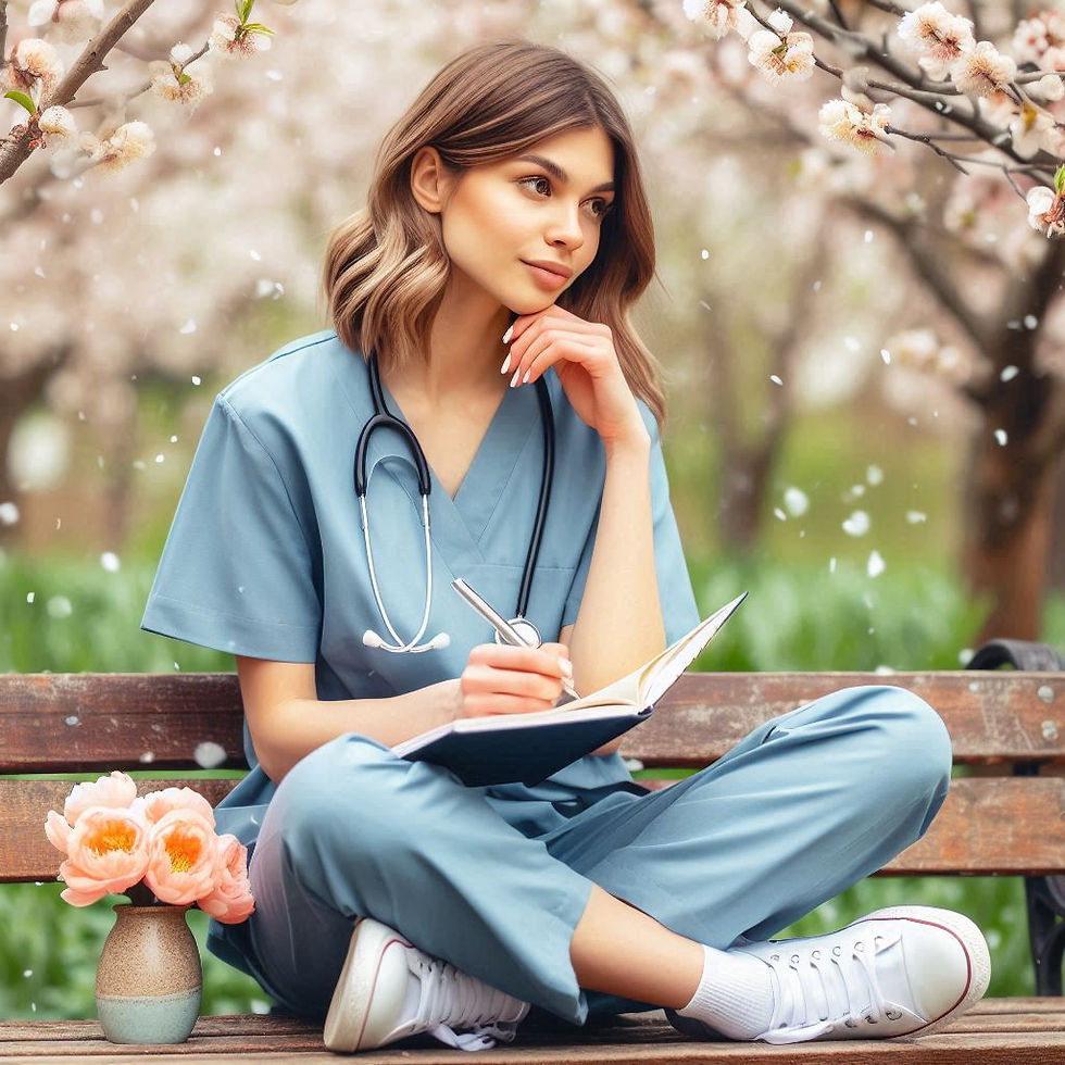A woman in scrubs sits on a bench under blossoming trees, writing in a notebook, with a serene expression. A vase with flowers is nearby.