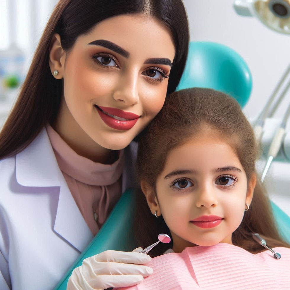 Dentist holding a smiling young girl in a dental chair. The girl wears a pink bib, and the setting is a bright, modern dental office.