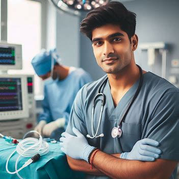 Surgeon in blue scrubs with stethoscope, smiling confidently in an operating room. Monitoring equipment in use, assistant in background.