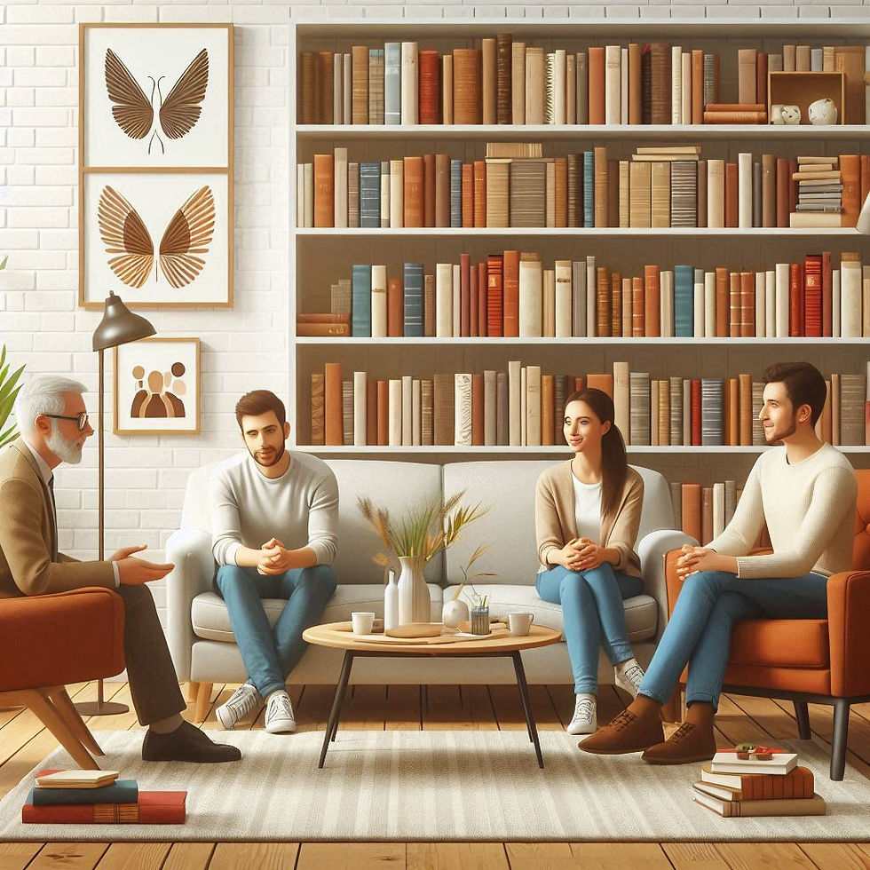 Four people converse in a cozy library with bookshelves, butterfly art, and a warm atmosphere. They sit on sofas and chairs around a table.